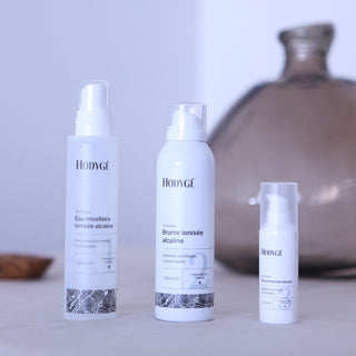 trois produits de la routine beauté Hodygé eau micellaire brume sérum impeccables pour peaux sèches